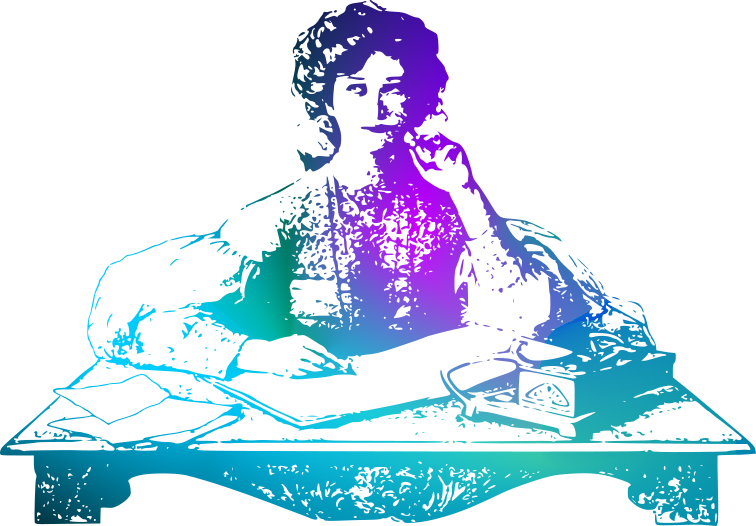 PantslessWeirdo logo - Colorized inkprint of woman sitting at her writing desk
